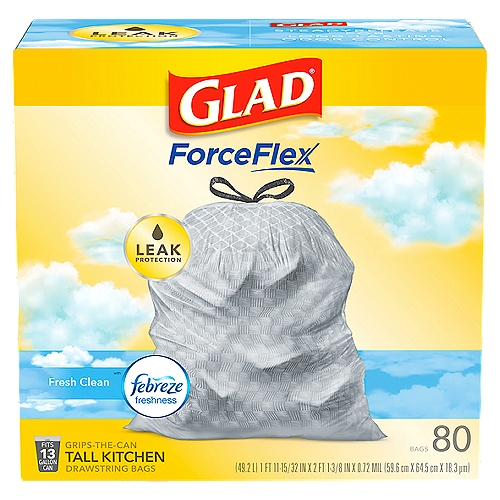 Glad ForceFlex Grips-The-Can Tall Kitchen Drawstring Bags, 80 count
Steadyrelease for Long-Lasting Odor Control™

Ripguard®
Protection

Leakguard®
Protection

Traps-Locks 
Neutralizes Odors

Grips-the-Can
Draws Tring Bag