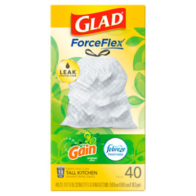 Glad ForceFlex Tall Kitchen Drawstring Trash Bags, 13 Gal, Gain Original with Febreze, 40 Ct