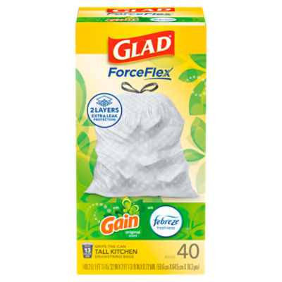 Glad ForceFlex Tall Kitchen Drawstring Trash Bags, 13 Gal, Gain Original with Febreze, 40 Ct