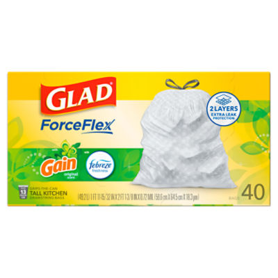 Glad ForceFlex with Gain Original Scent Tall Kitchen Drawstring Bags, 40 count