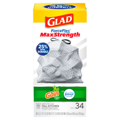 Glad ForceFlex MaxStrength Tall Kitchen Drawstring Trash Bags, 13 Gallon, Gain Original, 34 Ct