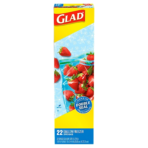 Glad Gallon Freezer Zipper Bags, 22 count
BPA-free†
†Product not formulated with BPA (Bisphenol A)

Yellow and Blue Make Green® seal, so you know when the bag is closed.