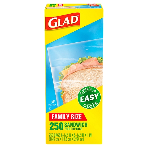 Glad Sandwich Fold-Top Bags Family Size, 250 countnGlad® food storage bags with sandwich fold top are just the right size for taking your sandwich to work, school or the park. These multipurpose bags are not just for lunch though. Bags are the perfect size for packing snacks for school, keeping your small travel items together, or saving cut fruits and veggies. These bags have pleated bottoms, which allow you to fill the bag with more. The fold lock top helps to keep your food fresh and items secure, but are still easy to open and close without frustration. Bags are BPA free and microwave safe.
