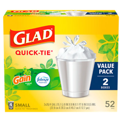 Glad OdorShield Small Quick-Tie Trash Bags, Gain with Febreze Freshness, 4 Gallon - 52 Count