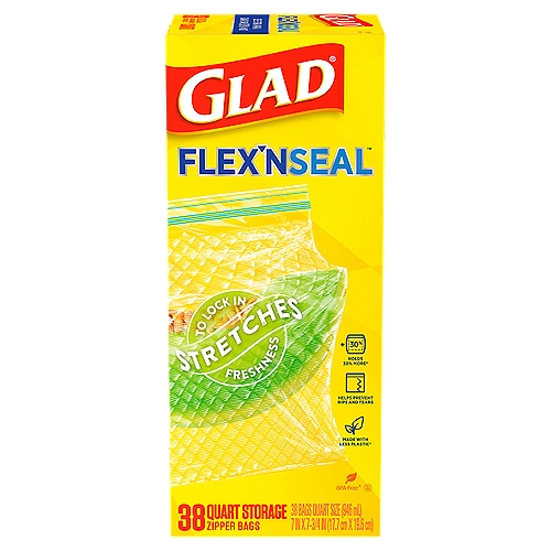 Glad Flex'n Seal Quart Storage Zipper Bags, 38 count
30% Holds 30% More*
Stretches to Hold 30% More*
*Compared to similar sized standard Glad® food storage bags

Made with Less Plastic†
†vs similar sized Glad standard food bags

BPA-free§
§Product not formulated with BPA (Bisphenol A)