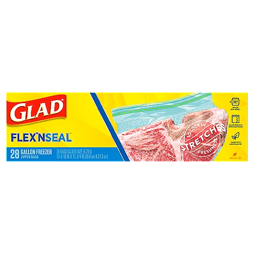 Glad Flex'n Seal Gallon Freezer Zipper Bags, 28 count
Stretches to Holds 30% More*
*Compared to similar sized standard Glad® freezer bags.

Made with Less Plastic†
† vs. similar sized Glad® standard food bags

BPA-free§
§ Product not formulated with BPA (Bisphenal A)