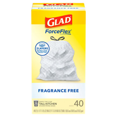 Glad Forceflex Fragrance Free Tall Kitchen Drawstring Bags, 40 count