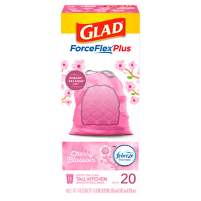 Glad ForceFlex Cherry Blossom Tall Kitchen Drawstring Bags, 20 count