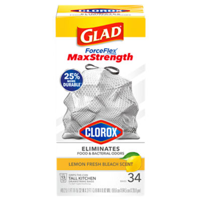 Glad ForceFlex MaxStrength with Clorox Tall Kitchen Trash Bags, 13 Gal, Lemon Fresh Bleach, 34 Ct