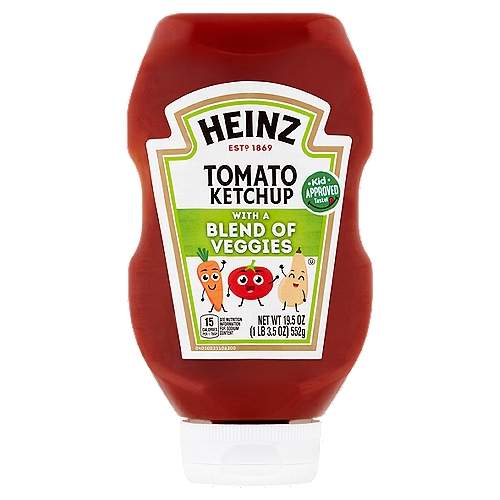 Heinz Tomato Ketchup with a Blend of Veggies, 19.5 oz
Blended with carrot and butternut squash, every bottle contains 25% added veggies and 25% less sugar than regular ketchup* for a taste kids love.
*Regular ketchup contains 4g total sugars per serving, Ketchup with added vegetables contains 3g total sugars per serving.

Kid approved taste!
