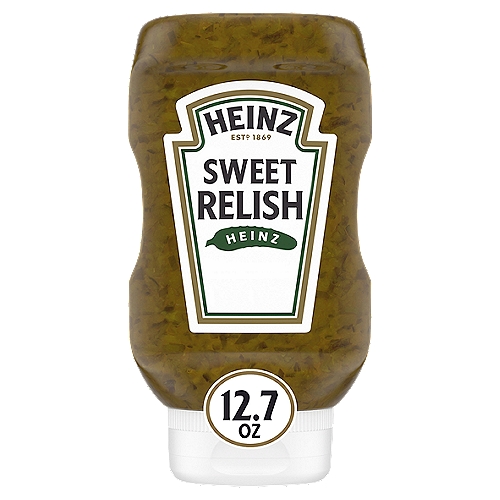 Featuring crunchy pickled cucumber and cabbage immersed in vinegar, Heinz Sweet Relish will help you create flavors which complement any dish. With chunks of red bell pepper and extracts of turmeric, this 12.7 fluid ounce bottle of Heinz Sweet Relish will add a completely new dimension of flavors to your favorite dish. This relish is prepared with care so that every bottle has the perfect ratio of ingredients to complement your favorite foods. Just drizzle this relish on top of your food or use it as a dip and the crunch from cucumbers and cabbage will add life to any meal.nn• One 12.7 fl oz bottle of Heinz Sweet Relishn• Sweet, Tangy, Savory and produced from best quality vegetables and spicesn• Easy squeeze bottle help you to start enjoying the relish without much effortn• Spice up your meal without forgoing your kosher dietn• Manufactured in the USA