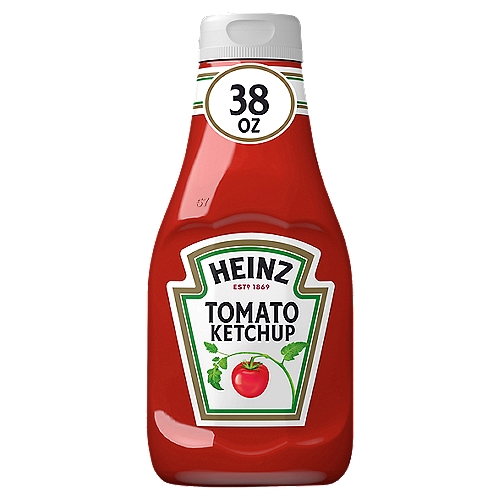 Heinz Tomato Ketchup, 38 oz Bottle
Heinz Tomato Ketchup is made only from sweet, juicy, red ripe tomatoes for the signature thick and rich taste of Americas Favorite Ketchup. Did you know that every tomato in every bottle of Heinz Ketchup is grown from Heinz seeds? Grown not made... One reason why nothing else tastes like Heinz! The thick texture makes our ketchup perfect as a topping or for dipping. It's gluten free and great for those keeping Kosher to fit your preferences. Reach for our ketchup at every cookout to top your favorite burgers, hot dogs and fries. Packed in 38-ounce ketchup bottles for easy sharing, this condiment is your go-to option for gatherings and everyday meals.

• One 38 oz. bottle of Heinz Tomato Ketchup
• Heinz Tomato Ketchup uses sweet, juicy, red ripe tomatoes for the signature thick and rich taste of America's Favorite Ketchup®
• Thick & Rich ketchup made from red ripe tomatoes
• This tomato ketchup has a thick and rich texture
• Contains gluten free ketchup to fit your preferences
• Perfect for sandwiches, burgers and hot dogs or as a dipping sauce for fries and other favorite food
• America's Favorite Ketchup comes in a squeezable ketchup bottle for convenient storage
