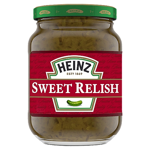 Heinz Sweet Relish, 10 fl oz Jar
Featuring crunchy pickled cucumber and cabbage immersed in vinegar, Heinz Sweet Relish will help you create flavors which complement any dish. With chunks of red bell pepper and extracts of turmeric, this 10 fluid ounce jar of Heinz Sweet Relish will add a completely new dimension of flavors to your favorite dish. This relish is prepared with care so that every jar has the perfect ratio of ingredients to complement your favorite foods. Just drizzle this relish on top of your food or use it as a dip and the crunch from cucumbers and cabbage will add life to any meal.

• One 10 fl oz jar of Heinz Sweet Relish
• Sweet, Tangy, Savory and produced from best quality vegetables and spices
• Easy to store, reclosable glass jar which keep the relish fresh
• Spice up your meal without forgoing your kosher diet
• Manufactured in the USA