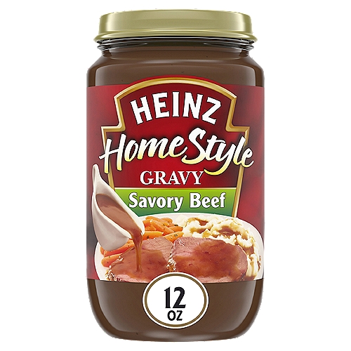 Heinz HomeStyle Savory Beef Gravy, 12 oz Jar
Heinz HomeStyle Savory Beef Gravy enhances your family's favorite meals with classic beef flavor. This tasty gravy is made with real ingredients, including beef stock, to deliver the smooth texture and tangy taste you love. This beef gravy contains no preservatives. Use this homestyle gravy to make any meat and potatoes family dinner more enjoyable. Pour this delicious gravy over mashed potatoes, serve it alongside chicken fried steak, pour it over pot roast or add some extra flavor to a roast beef sandwich. Simply microwave the gravy in a microwave-safe container for about 3 minutes for easy heating. Refrigerate each 12 ounce jar after opening.

• One 12 oz. jar of Heinz HomeStyle Savory Beef Gravy
• Heinz HomeStyle Savory Beef Gravy enhances your favorite recipes
• Made with real ingredients, including beef stock
• This savory gravy contains no preservatives
• Serve with meat or potatoes for a savory meal
• Packaged in a resealable jar
• Refrigerate after opening