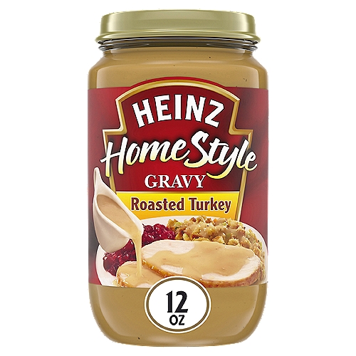 Heinz HomeStyle Roasted Turkey Gravy enhances your family's favorite meals with classic turkey flavor. This tasty gravy is made with real ingredients, including turkey broth, to deliver the smooth texture and tangy taste you love. This turkey gravy contains no preservatives. Use this homestyle gravy to make any meat and potatoes family dinner more enjoyable. Pour this delicious gravy over mashed potatoes, serve it alongside Thanksgiving dinner, pour it over stuffed turkey breast or add some extra flavor to turkey legs. Simply microwave the gravy in a microwave-safe container for about 3 minutes for easy heating. Refrigerate each 12 ounce jar after opening.nn• One 12 oz. jar of Heinz HomeStyle Roasted Turkey Gravyn• Heinz HomeStyle Roasted Turkey Gravy enhances your favorite recipesn• Made with real ingredients, including turkey brothn• This turkey gravy contains no preservativesn• Serve with meat or potatoes for a savory mealn• Packaged in a resealable jarn• Refrigerate after opening