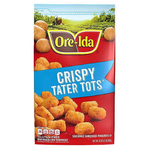 Ore-Ida Golden Tater Tots Seasoned Shredded Frozen Potatoes, 32 oz Bag
Ore-Ida Golden TATER TOTS make it easy to enjoy delicious seasoned potatoes at home. Crispy and golden, these Grade A crispy TATER TOTS are made from freshly peeled, American grown potatoes. These gluten free TATER TOTS offer a crispy outside with a fluffy inside for the perfect blend of textures to make your next family meal a success. Toss these frozen TATER TOTS on a baking sheet to bake them in the oven according to package instructions for perfect golden TATER TOTS. An American classic, these easy TATER TOTS are perfect for dipping. Serve them with burgers, or get creative with loaded tots topped with cheese and bacon. These oven baked tots come sealed in a 32 ounce bag to help lock in flavor. Your family deserves the highest quality because if it's not Grade A, it's not Ore-Ida!

• One 32 oz. bag of Ore-Ida Golden TATER TOTS
• Ore-Ida Golden TATER TOTS offer an easy side dish for your meals
• Gluten free TATER TOTS
• Made from the highest quality Grade A potatoes grown in the U.S.
• Classic tots are perfect for dipping in ketchup
• Enjoy with burgers or in casseroles
• Sealed in a bag for convenient storage in your freezer
• Certified Kosher TATER TOTS