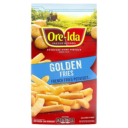 Ore-Ida Golden French Fries makes it easy to enjoy delicious fries at home. Crispy and golden, these Grade A fries are made from freshly peeled, American grown potatoes. These gluten free fries offer a crispy outside with a fluffy inside for the perfect blend of textures to make your next family meal a success. Toss these frozen French fries on a baking sheet to bake them in the oven according to package instructions for perfect golden fries. An American classic, these easy fries are perfect for dipping. Serve up the traditional burger and fries, or get creative with loaded fries topped with cheese and bacon. These oven baked fries come sealed in a 32 ounce bag to help lock in flavor. Your family deserves the highest quality because if it's not Grade A, it's not Ore-Ida!nn• One 32 oz. bag of Ore-Ida Golden French Friesn• Ore-Ida Golden French Fries offer an easy side dish for your mealsn• Gluten free French friesn• Made from the highest quality Grade A potatoes grown in the U.S.n• Classic fries are perfect for dipping in ketchupn• Enjoy the classic burger and fries combon• Sealed in a bag for convenient storage in your freezern• Certified Kosher French fries