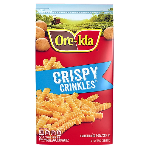 Ore-Ida Golden Crinkles French Fried Potatoes make it easy to enjoy delicious fries at home. Crispy and golden, these Grade A fries are made from freshly peeled, American grown potatoes. These gluten free fries offer a crispy crinkle cut outside with a fluffy inside for the perfect blend of textures to make your next family meal a success. Toss these frozen fries on a baking sheet to bake them in the oven according to package instructions for perfect golden fries. An American classic, these crinkle fries are perfect for dipping. Serve up the traditional burger and fries, or get creative with loaded fries topped with cheese and bacon. These crinkle cut fries come sealed in a 32 ounce bag to help lock in flavor. Your family deserves the highest quality because if it's not Grade A, it's not Ore-Ida!

• One 32 oz. bag of Ore-Ida Golden Crinkles French Fried Potatoes
• Ore-Ida Golden Crinkles French Fried Potatoes offer an easy side dish for your meals
• Gluten free French fries
• Made from the highest quality Grade A potatoes grown in the U.S.
• Classic crinkle fries are perfect for dipping in ketchup
• Enjoy the classic burger and fries combo
• Sealed in a bag for convenient storage in your freezer
• Certified Kosher French fries