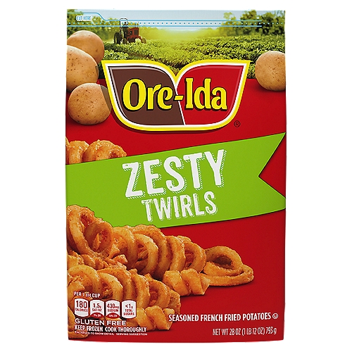 Ore-Ida Zesty Curly Seasoned French Fried Potatoes, 28 oz
Ore-Ida Zesty Seasoned Curly Fries make it easy to enjoy delicious fries at home. Crispy, golden and perfectly seasoned, these Grade A curly fries are made from freshly peeled, American grown potatoes coated in zesty seasoning for a bold flavor. These gluten free seasoned fries offer a crispy outside with a fluffy inside for the perfect blend of textures to make your next family meal a success. Toss these frozen curly fries on a baking sheet to bake them in the oven according to package instructions for perfectly crispy results. An American classic with a zesty twist, these crispy fries are perfect for dipping. Serve up the traditional burger and fries, or get creative with zesty loaded fries topped with cheese and bacon. These oven bake fries come sealed in a 28 ounce bag to help lock in flavor. Your family deserves the highest quality because if it's not Grade A, it's not Ore-Ida!

• One 28 oz. bag of Ore-Ida Zesty Seasoned Curly Fries
• Ore-Ida Zesty Seasoned Curly Fries offer an easy side dish for your meals
• Made from US grown potatoes topped with a zesty seasoning for bold flavor
• Gluten free seasoned fries
• Classic curly fries are perfect for dipping in ketchup
• Enjoy with burgers, hot dogs and other family favorites
• Sealed in a bag for convenient storage in your freezer
• Certified Kosher French fries