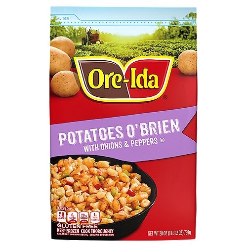 Ore-Ida Potatoes O'Brien With Onions and Peppers saves you time on prep with a delicious frozen dish that's ready to cook. Crispy and golden, these frozen potatoes O'Brien are made from freshly peeled, American grown potatoes with bell peppers and onions added for a balance of flavors. These gluten free skillet potatoes contain 0 grams of trans fat per serving. Simply cook them in a skillet with a little oil according to the package directions to get a perfectly crispy easy side dish for your next family meal. The chunks of real potatoes make the perfect addition to your breakfast along with eggs and bacon. They come sealed in a 28 ounce bag for easy storage in your freezer. Your family deserves the highest quality.nn• One 28 oz. bag of Ore-Ida Potatoes O'Brien With Onions and Peppersn• Ore-Ida Potatoes O'Brien With Onions and Peppers offer a quick side dish optionn• Real US-grown potatoes with bell peppers and onions for a flavorful dishn• Gluten free potatoes O'Brienn• Made with chunks of potatoes that are ready to cookn• Serve along with breakfast favoritesn• Sealed in a bag for convenient storage in the freezern• Certified Kosher potatoes O'Brien