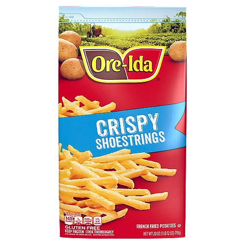 Ore-Ida Shoestring Potatoes French Fried Potatoes make it easy to enjoy delicious fries at home. Crispy and golden, these Grade A fries are made from freshly peeled, American grown potatoes cut into thin fries. These gluten free fries offer a crispy outside with a fluffy inside for the perfect blend of textures to make your next family meal a success. Toss these frozen French fries on a baking sheet to bake them in the oven according to package instructions for perfect golden fries. An American classic, these easy fries are perfect for dipping. Serve up the traditional burger and fries, or get creative with loaded fries topped with cheese and bacon. These oven baked fries come sealed in a 28 ounce bag to help lock in flavor. Your family deserves the highest quality because if it's not Grade A, it's not Ore-Ida!nn• One 28 oz. bag of Ore-Ida Shoestring Potatoes French Fried Potatoesn• Ore-Ida Shoestring Potatoes French Fried Potatoes offer an easy side dish for your mealsn• Gluten free French friesn• Made from the highest quality Grade A potatoes grown in the U.S.n• Classic fries are perfect for dipping in ketchupn• Enjoy the classic burger and fries combon• Sealed in a bag for convenient storage in your freezern• Certified Kosher French fries