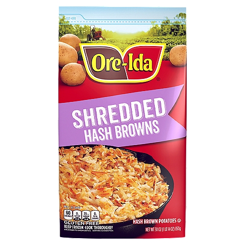 Ore-Ida Shredded Hash Brown Potatoes make it easy to enjoy easy hash browns at home. These hash browns are made from freshly peeled, American grown potatoes. These gluten free shredded hash browns offer a golden, crispy texture to make your next family breakfast a success. Toss these shredded potatoes in a skillet with a little oil to cook them according to package instructions for perfectly crispy results. A classic potato option, these frozen hash browns are perfect as a breakfast side dish or in a casserole. These breakfast potatoes come sealed in a 30 ounce bag to help lock in flavor. Your family deserves the highest quality.

• One 30 oz. bag of Ore-Ida Shredded Hash Brown Potatoes
• Ore-Ida Shredded Hash Brown Potatoes make a quick, easy breakfast
• Gluten free hash browns
• Made from potatoes grown in the U.S.
• Shredded potatoes that cook up to a crisp, golden texture
• Perfect for an easy breakfast side dish with eggs, bacon and other morning favorites
• Sealed in a bag for convenient storage in your freezer
• Certified Kosher hash browns
• Ore-Ida offers a variety of frozen potatoes, french fries, tater tots and hash browns