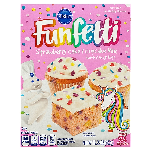 Pillsbury Funfetti Unicorn Cake Mix, 15.25 oz 
Pillsbury Funfetti Strawberry Cake & Cupcake Mix is magically delicious! Fun and easy baking begins with our large variety of moist and delicious cake mixes. While this cake is easy to make, it's incredibly difficult to put down! One box of cake mix makes 24 cupcakes or one 9x13 inch cake, with colorful sprinkles appearing as you take a bite. Use it to create goodies for your next birthday party, special event or bake sale. Funfetti Strawberry Cake & Cupcake Mix pairs great with Funfetti Unicorn Vanilla Frosting. The directions on the back of the box are simple and easy to follow, allowing anyone to partake in the fun!

Strawberry Cake & Cupcake Mix with Candy Bits