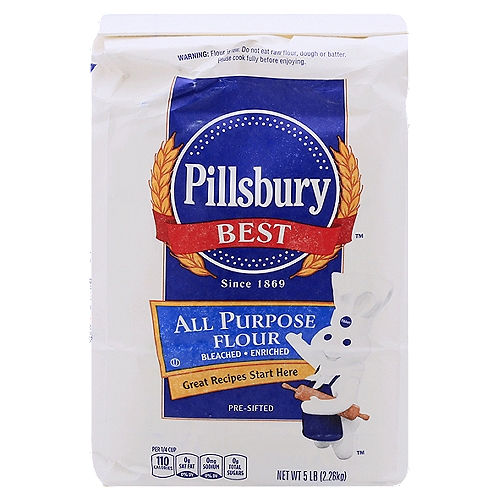 Pillsbury Best All Purpose Flour, 5 lb
Glad You Asked!
What is Bleached All Purpose Flour?
Pillsbury Best® All Purpose Flour is a blend of hard and soft wheat appropriate for all uses. Flour is bleached to improve color and baking performance. This process does not affect the nutritional value of the flour.

If my recipe calls for sifting, do I need to sift?
No! Pillsbury Best All Purpose Flour is sifted during the milling process so it is appropriate for all recipes whether they call for sifted flour or not. However, shipping and storage may have caused settling of the flour so it is always a good practice to loosen the flour with a fork or spoon before measuring.

What flours can I substitute with All Purpose Flour?
All Purpose and Unbleached All Purpose Flour can be used interchangeably. If the recipe calls for Self Rising Flour, simply add 1 1/2 teaspoon baking powder and 1/2 teaspoon salt for every cup of All Purpose Flour substituted in the recipe.

How many cups per pound of flour?
There are about 3 1/2 cups of flour in 1 pound.