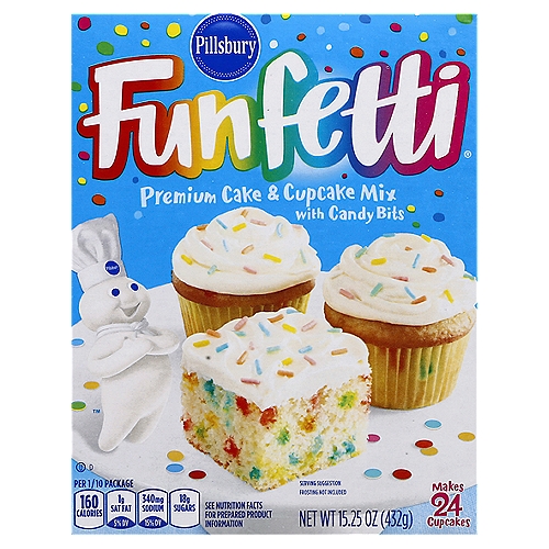 Pillsbury Funfetti Cake Mix, 15.25 oz 
Premium Cake & Cupcake Mix with Candy Bits

Pillsbury Funfetti Premium Cake & Cupcake Mix adds a yummy pop of color and deliciousness to brighten up your celebration! Fun and easy baking begins with our large variety of moist and delicious cake mixes. While this cake is easy to make, it's incredibly difficult to put down! One box of cake mix makes 24 cupcakes or one 9x13 inch cake, with colorful sprinkles appearing as you take a bite. Use it to create goodies for your next birthday party, special event or bake sale. Funfetti Premium Cake & Cupcake Mix pairs great with any Pillsbury frosting flavor. The directions on the back of the box are simple and easy to follow, allowing anyone to partake in the fun!