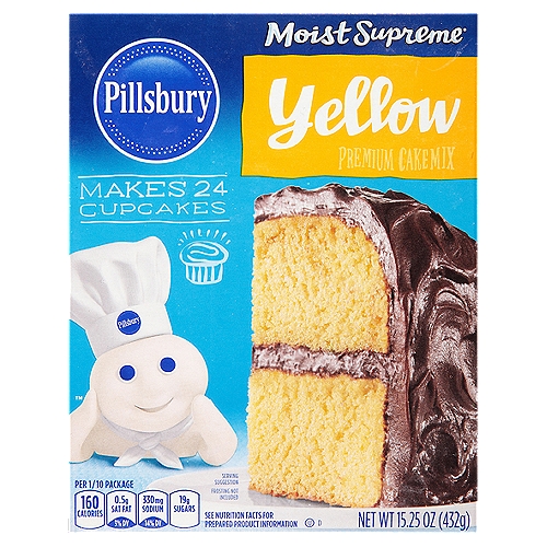 Pillsbury Moist Supreme Yellow Cake Mix,  15.25 oz
Pillsbury Moist Supreme Yellow Premium Cake Mix is a celebratory standby, ready for any special occasion. While this cake is easy to make, it's incredibly difficult to put down! One box of cake mix makes 24 moist and delightful cupcakes, or one 9x13 inch cake. Use it to create goodies for your next birthday party, special event or bake sale. Our Yellow Cake Mix pairs great with any of our Pillsbury frostings - add some flair with Funfetti frosting or keep it simple with Creamy Supreme. The directions on the back of the box are simple and easy to follow, allowing anyone to partake in the fun!