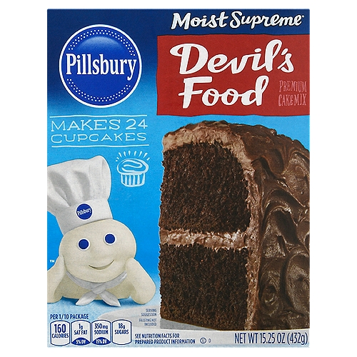 Pillsbury Moist Supreme Devil's Food Cake Mix, 15.25 oz
Pillsbury Moist Supreme Devil's Food Premium Cake Mix is an irresistibly sweet temptation of rich, chocolatey flavor. While this cake is easy to make, it's incredibly difficult to put down! One box of cake mix makes 24 moist and delightful cupcakes, or one 9x13 inch cake. Use it to create goodies for your next birthday party, special event or bake sale. For the chocolate lovers: pair this Devil's Food Cake Mix with one of our Pillsbury chocolate frostings including chocolate, chocolate hazelnut, dark chocolate and more. The directions on the back of the box are simple and easy to follow, allowing anyone to partake in the fun!