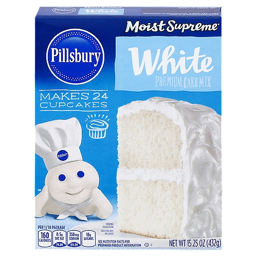 Pillsbury Moist Supreme White Cake Mix, 15.25 oz 
Pillsbury Moist Supreme White Premium Cake Mix is a celebratory standby, ready for any special occasion. While this cake is easy to make, it's incredibly difficult to put down! One box of cake mix makes 24 moist and delightful cupcakes, or one 9x13 inch cake. Use it to create goodies for your next birthday party, special event or bake sale. Our White Cake Mix pairs great with any of our Pillsbury frostings - add some flair with Funfetti frosting or keep it simple with Creamy Supreme. The directions on the back of the box are simple and easy to follow, allowing anyone to partake in the fun!