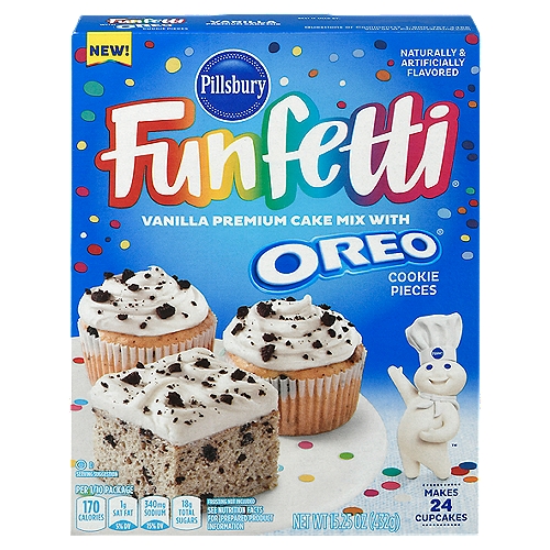 Pillsbury Funfetti Oreo Vanilla Cake Mix, 15.25 oz 
Two iconic brands coming together to make one iconic vanilla cake. Enjoy the delicious flavor of OREO cookies and the fun of Funfetti in this vanilla crème flavored cake with OREO Cookie Pieces in every bite. Fun and easy baking begins with our large variety of moist and delicious cake mixes. While this cake is easy to make, it's incredibly difficult to put down! One box of cake mix makes 24 cupcakes or one 9x13 inch cake, with OREO cookie pieces in every bite. Use it to create goodies for your next birthday party, special event or bake sale. Funfetti Vanilla Cake and Cupcake Mix with OREO Cookie Pieces pairs great with Funfetti Vanilla Frosting with OREO Cookie Pieces. The directions on the back of the box are simple and easy to follow, allowing anyone to partake in the fun!