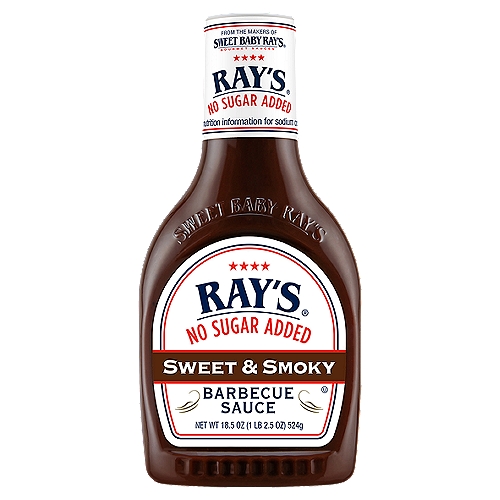 Ray's No Sugar Added Hickory Barbecue Sauce, 18.5 oz
Straight from the grill pits at Sweet Baby Ray's comes a no sugar added barbecue sauce that's actually worth eating! Lay it on thick and enjoy the signature flavor that only Ray can deliver. The sauce is the boss!