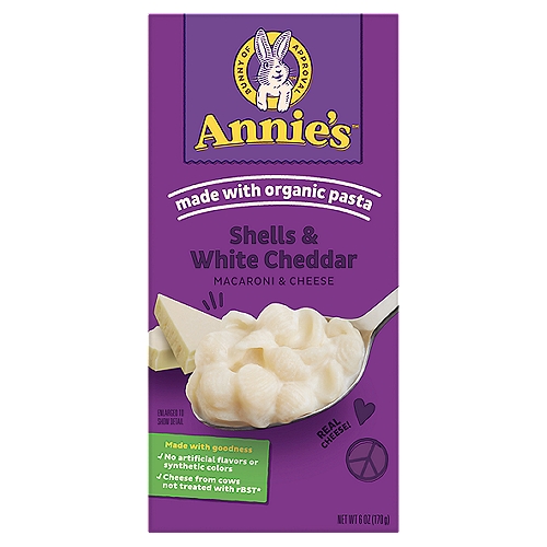 Annie's Shells & White Cheddar Macaroni & Cheese, 6 oz
Made with goodness
✓ No artificial flavors or synthetic colors
✓ Cheese from cows not treated with rBST*
*No significant difference has been shown between milk derived from rBST-treated and non rBST-treated cows.