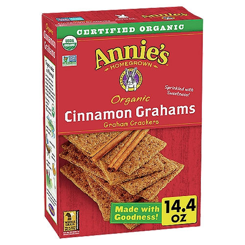 Annie's Homegrown Organic Cinnamon Graham Crackers
Made with Goodness!
✓ No artificial flavors or synthetic colors
✓ Certified organic ingredients are grown without persistent pesticides
✓ No high-fructose corn syrup