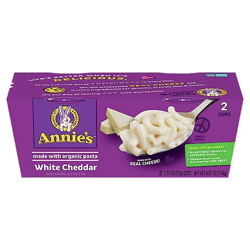 Annie's White Cheddar Macaroni & Cheese, 2.01 oz, 2 count
Now Even Cheesier!*
*Contains More Cheese than Previous Recipe

Made with goodness!
✓ No artificial flavors or synthetic colors
✓ Cheese from cows not treated with rBST**
**No Significant Difference Has Been Shown Between Milk Derived from rBST-Treated and Non rBST-Treated Cows.
