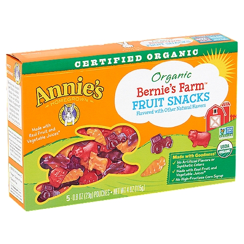 Annie's Homegrown Organic Bernie's Farm Fruit Snacks, 0.8 oz, 5 count
Made with Goodness!
✓ No artificial flavors or synthetic colors
✓ Made with real fruit and vegetable juices*
✓ No high-fructose corn syrup
*These fruit snacks are made with organic pear, organic carrot and organic sweet potato juice concentrates. See below for a complete list of ingredients. They are not intended to replace fruit or vegetables in the diet.