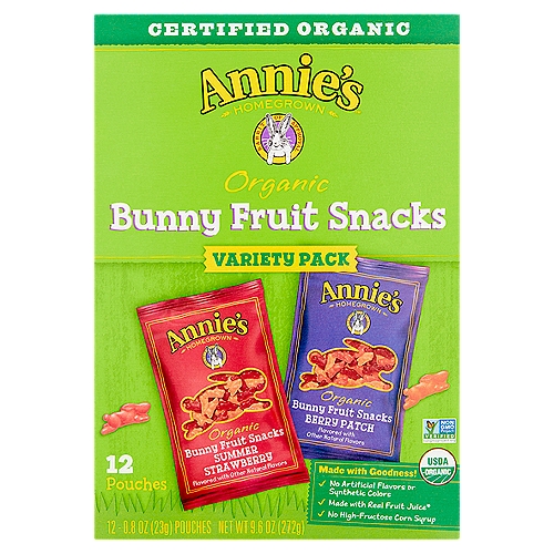 Annie's HOMEGROWN Organic Bunny Fruit Snacks Variety Pack, 0.8 oz, 12 count
Organic Bunny Fruit Snacks Summer Strawberry
Organic Bunny Fruit Snacks Berry Patch

Made with real fruit juice*
*These fruit snacks are made with organic pear juice concentrate. See below for a complete list of ingredients. They are not intended to replace fruit or vegetables in the diet.