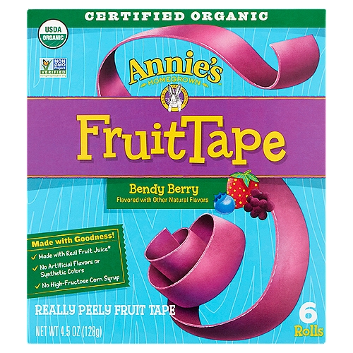 Annie's Homegrown Bendy Berry Fruit Tape, 6 count, 4.5 oz
Made with Goodness!
✓ Made with real fruit juice*
✓ No artificial flavors or synthetic colors
✓ No high-fructose corn syrup
*These fruit snacks are made with organic pear juice concentrate, raspberry and strawberry puree. See below for a complete list of ingredients. They are not intended to replace fruit or vegetables in the diet.
