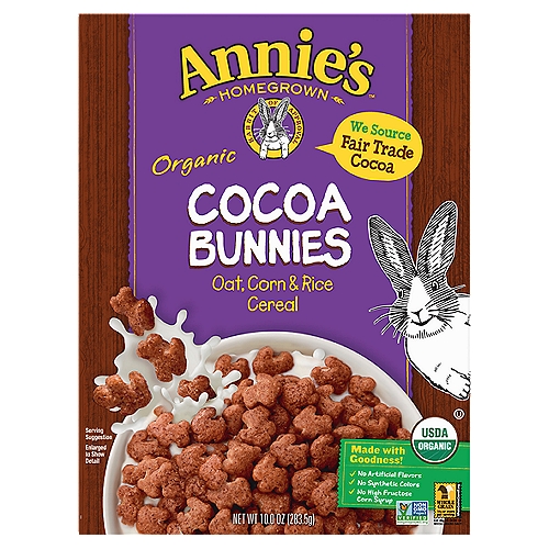 Annie's Homegrown Organic Cocoa Bunnies Oat, Corn & Rice Cereal, 10.0 oz
Made with Goodness!
✓ No artificial flavors
✓ No synthetic colors
✓ No high-fructose corn syrup

Cocoa comes from the seeds inside the pods that grow on Cacao trees

Cacao trees thrive in climates with high humidity and rainfall Humid

If the world were a cacao pod, it would be about this shape and size (and a lot harder to open than this box!)

Nearly all cocoa grows within 20 degrees of The Equator

Cocoa! Another reason to love trees