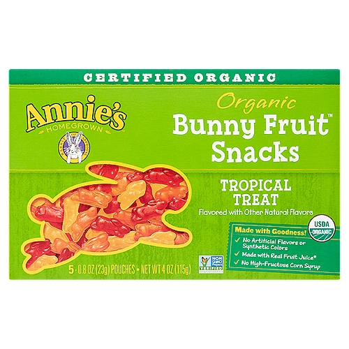 Annie's Homegrown Organic Tropical Treat Bunny Fruit Snacks, 0.8 oz, 5 count
Made with Goodness!
✓ No artificial flavors or synthetic colors
✓ Made with real fruit juice*
✓ No high-fructose corn syrup
*These fruit snacks are made with organic pear juice concentrate. See below for a complete list of ingredients. They are not intended to replace fruit or vegetables in the diet.