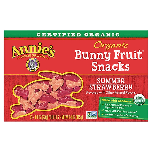 Annie's Homegrown Organic Summer Strawberry Bunny Fruit Snacks, 0.8 oz, 5 count
Made with real fruit juice*
*These fruit snacks are made with organic pear juice concentrate. See below for a complete list of ingredients. They are not intended to replace fruit or vegetables in the diet.