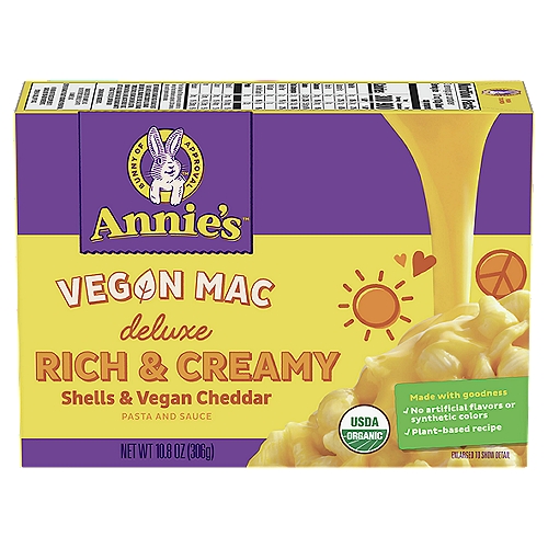 Annie's Deluxe Rich & Creamy Shells & Vegan Cheddar Macaroni & Sauce, 10.8 oz
Made with goodness
✓ No artificial flavors or synthetic colors
✓ Plant-based recipe