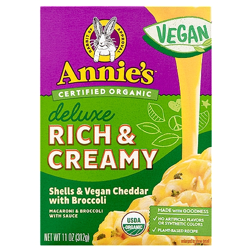Annie's Deluxe Rich & Creamy Shells & Vegan Cheddar with Broccoli Macaroni & Sauce, 11 oz
Macaroni & Broccoli with Sauce

Made with Goodness
✓ No artificial flavors or synthetic colors
✓ Plant-based recipe