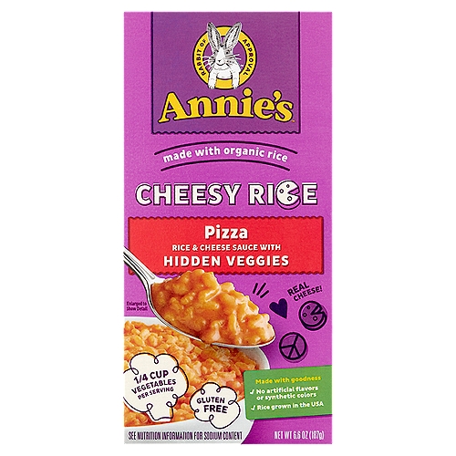 Annie's Pizza Cheesy Rice, 6.6 oz
Rice & Cheese Sauce with Hidden Veggies

Made with goodness
✓ No artificial flavors or synthetic colors
✓ Rice grown in the USA

We Work with Trusted Partners
To source our rice in the USA
To get hidden vegetables in every serving
To make our cheese from cows not treated with rBST*
*No significant difference has been shown between milk derived from rBST-treated and non rBST-treated cows.