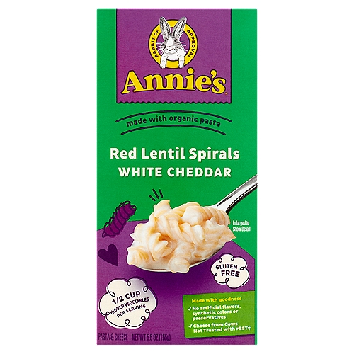 Annie's White Cheddar Red Lentil Spirals Pasta & Cheese, 5.5 oz
Made with goodness
✓ No artificial flavors, synthetic colors or preservatives
✓ Cheese from cows not treated with rBST†
†No significant difference has been shown between milk derived from rBST-treated and non rBST-treated cows.

We Work with Trusted Partners
To grow organic red lentils to make flour for our pasta
To produce milk for our cheese
To make your meal wonderfully wholesome & delicious!