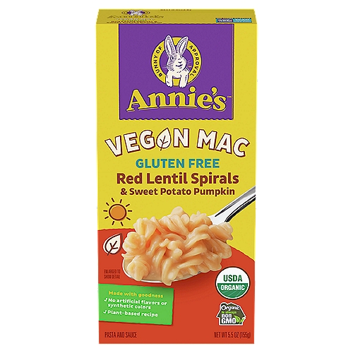 Annie's Vegan Mac Gluten Free Red Lentil Spirals & Sweet Potato Pumpkin Pasta and Sauce, 5.5 oz
Made with goodness
✓ No artificial flavors or synthetic colors
✓ Plant-based recipe

This Mac Has a Yummy Secret.
It's more than fun, Color-Changing pasta.
We make it from 100% Red Lentils!
It's an ooey-gooey, Wholesome mac everybunny loves.
Made with Love by Annie's