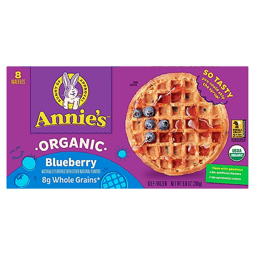 Annie's Organic Blueberry Waffles, 8 count, 9.8 oz
8g whole grains*
*Per serving.
At least 48g of whole grain recommended daily.

Made with goodness
✓ No artificial flavors
✓ No synthetic colors