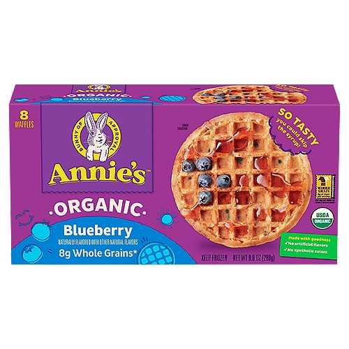 Annie's Organic Blueberry Waffles, 8 count, 9.8 oz
8g whole grains*
*Per serving.
At least 48g of whole grain recommended daily.

Made with goodness
✓ No artificial flavors
✓ No synthetic colors